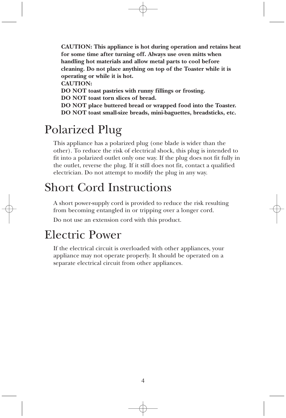 Polarized plug, Short cord instructions, Electric power | Toastmaster T100 User Manual | Page 4 / 7