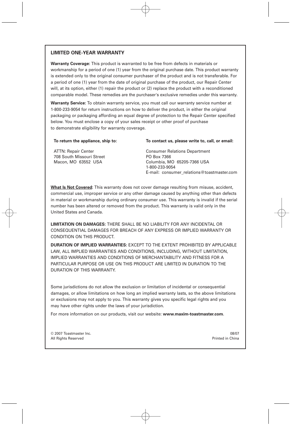 Toastmaster T100 User Manual | Page 7 / 7