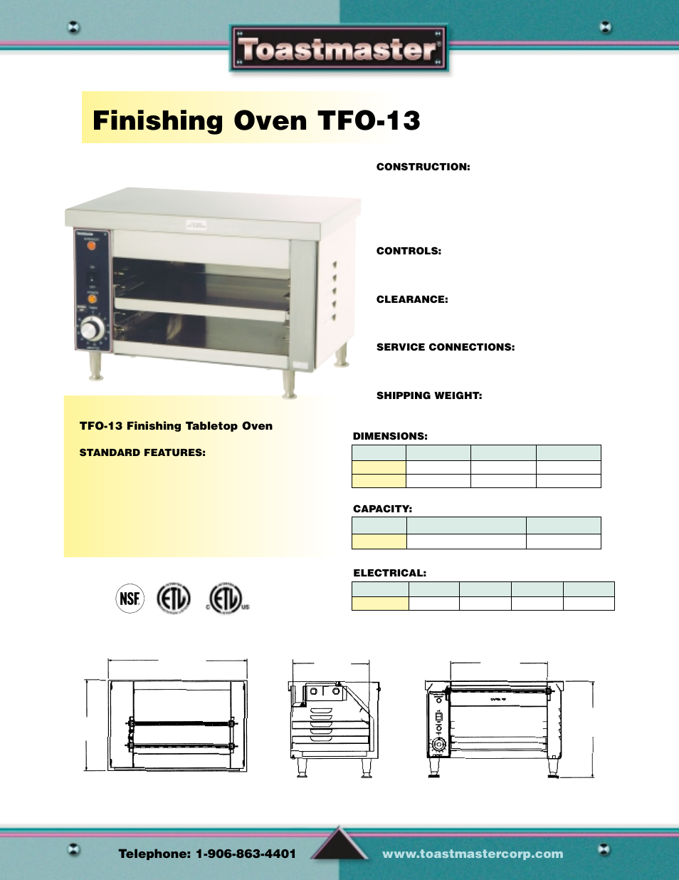 Finishing oven tfo-13, Finishing ovens | Toastmaster Gas & Electric Fryer User Manual | Page 15 / 17