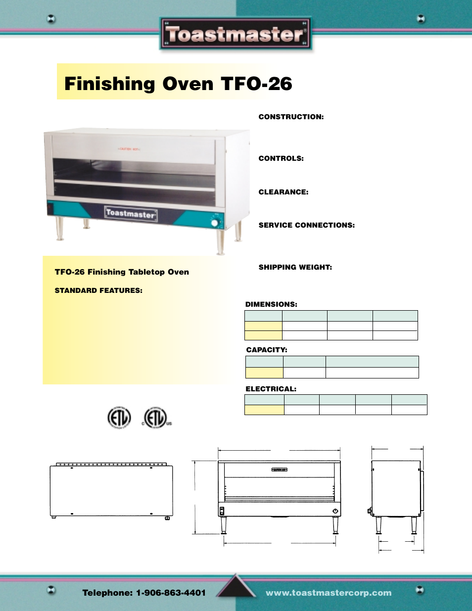 Finishing oven tfo-26, Finishing ovens | Toastmaster Gas & Electric Fryer User Manual | Page 16 / 17
