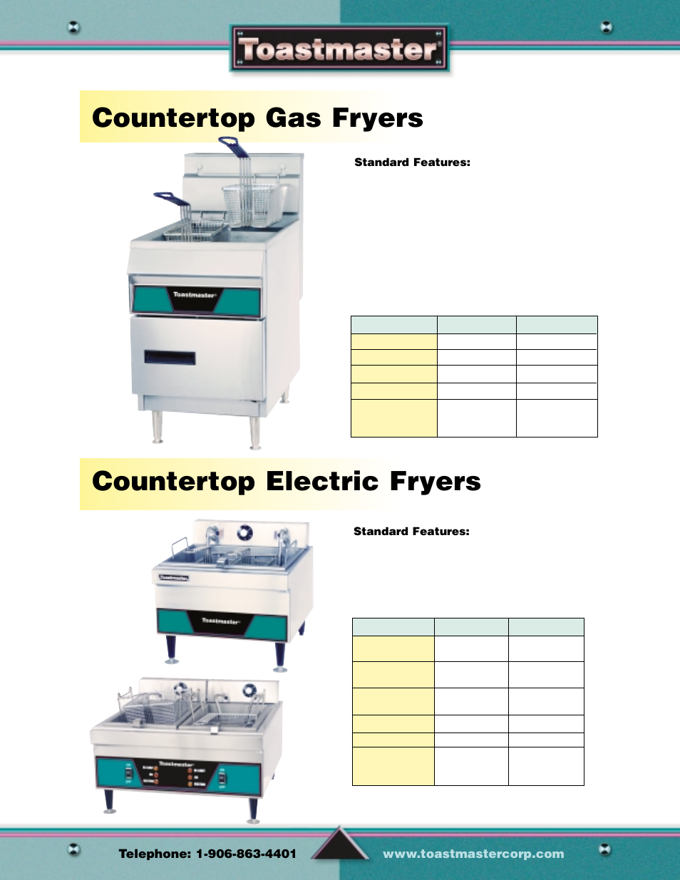Countertop gas fryers, Countertop electric fryers, Fryers | Toastmaster Gas & Electric Fryer User Manual | Page 2 / 17