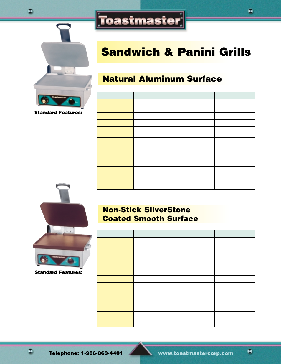 Sandwich & panini grills, Natural aluminum surface, Non-stick silverstone | Coated smooth surface, Grills | Toastmaster Gas & Electric Fryer User Manual | Page 5 / 17