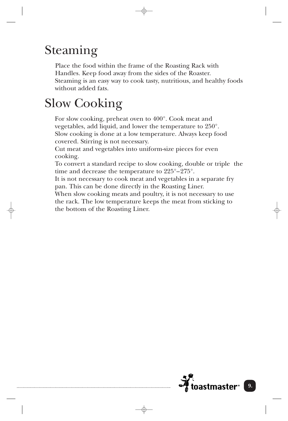 Steaming, Slow cooking | Toastmaster TMRST18ACAN User Manual | Page 10 / 24