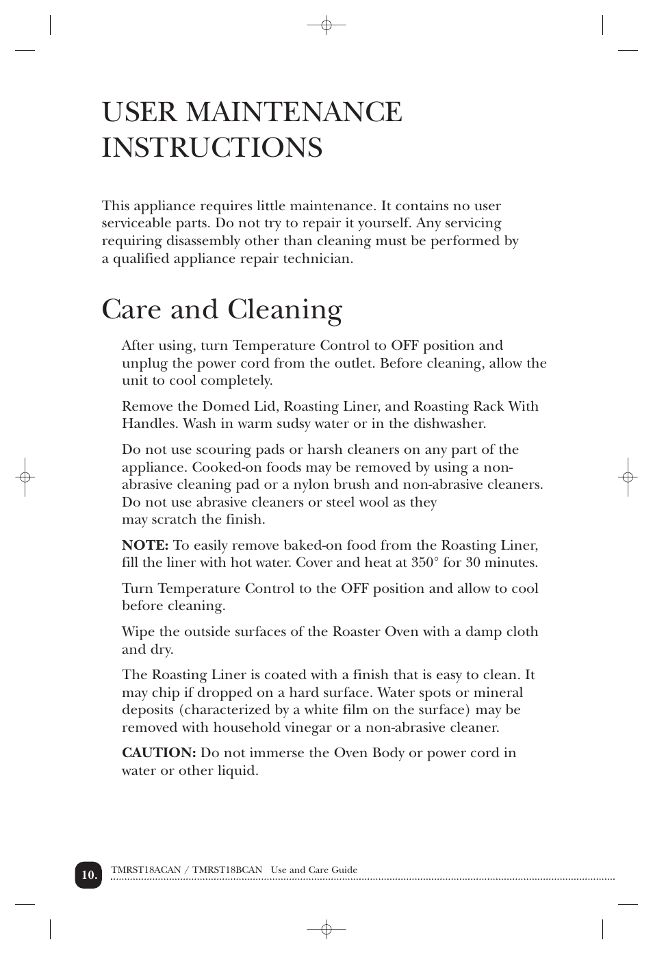 User maintenance instructions, Care and cleaning | Toastmaster TMRST18ACAN User Manual | Page 11 / 24