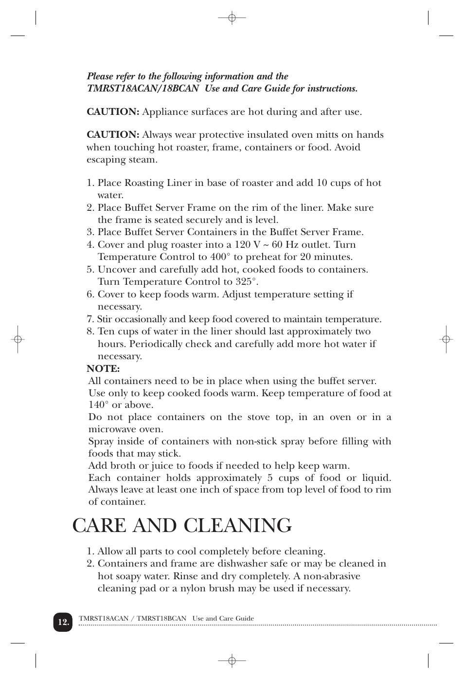 Care and cleaning | Toastmaster TMRST18ACAN User Manual | Page 13 / 24