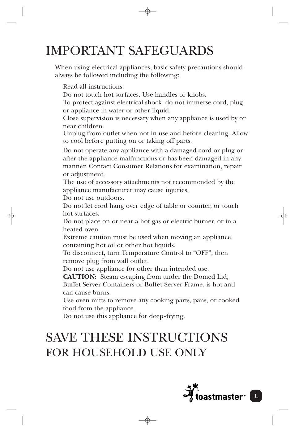 Important safeguards, Save these instructions, For household use only | Toastmaster TMRST18ACAN User Manual | Page 2 / 24