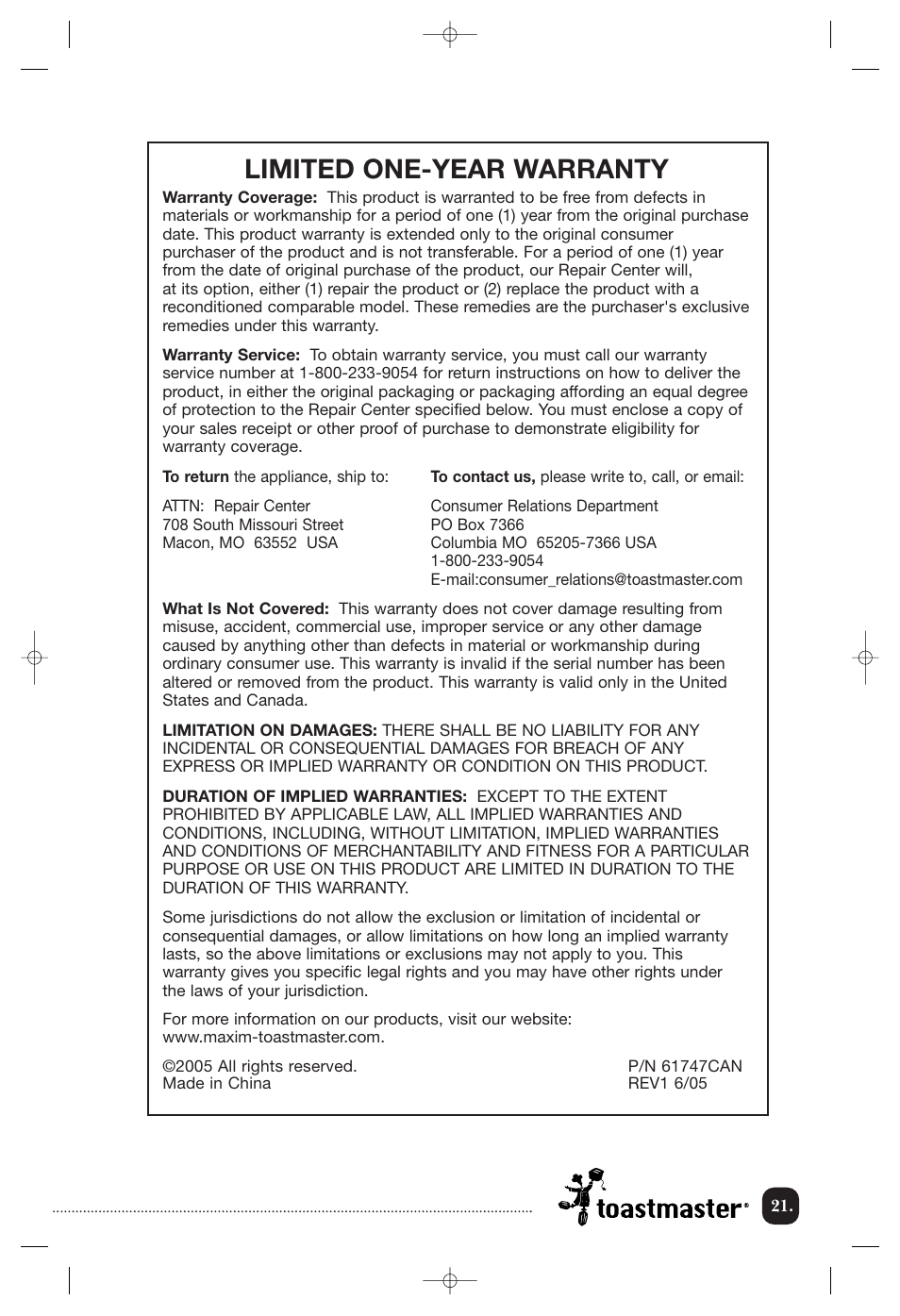 Limited one-year warranty | Toastmaster TMRST18ACAN User Manual | Page 22 / 24