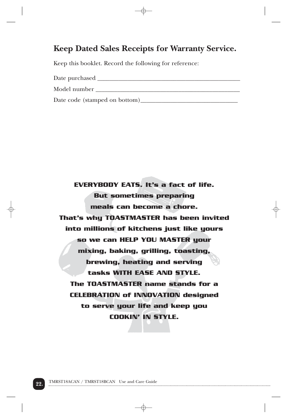Keep dated sales receipts for warranty service | Toastmaster TMRST18ACAN User Manual | Page 23 / 24
