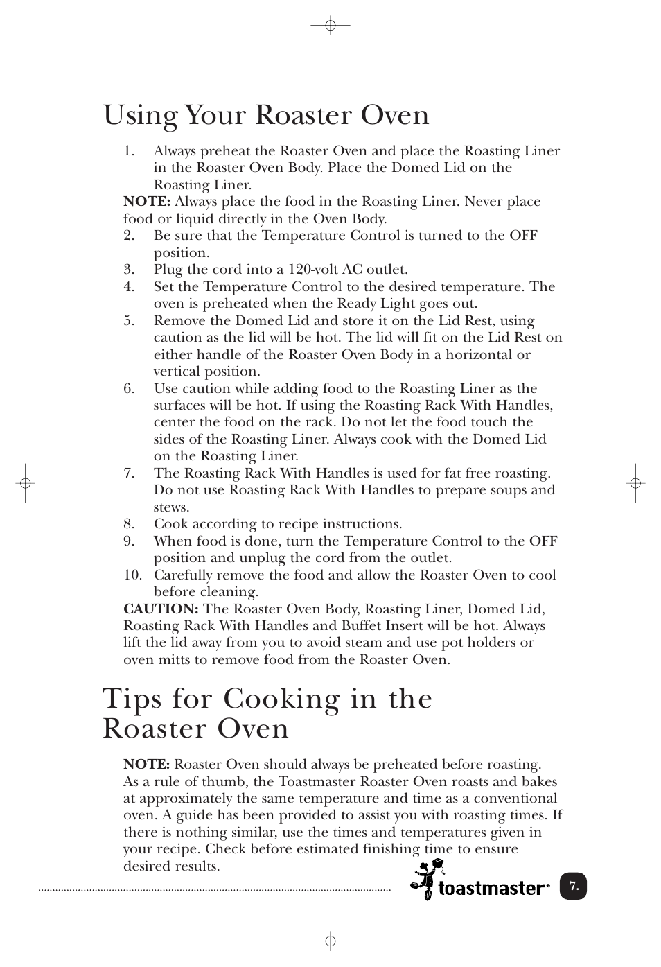 Using your roaster oven, Tips for cooking in the roaster oven | Toastmaster TMRST18ACAN User Manual | Page 8 / 24