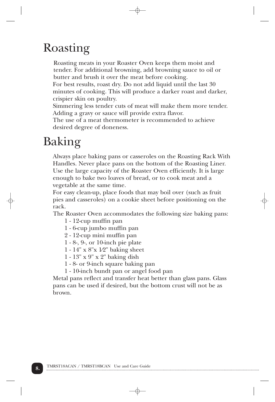 Roasting, Baking | Toastmaster TMRST18ACAN User Manual | Page 9 / 24