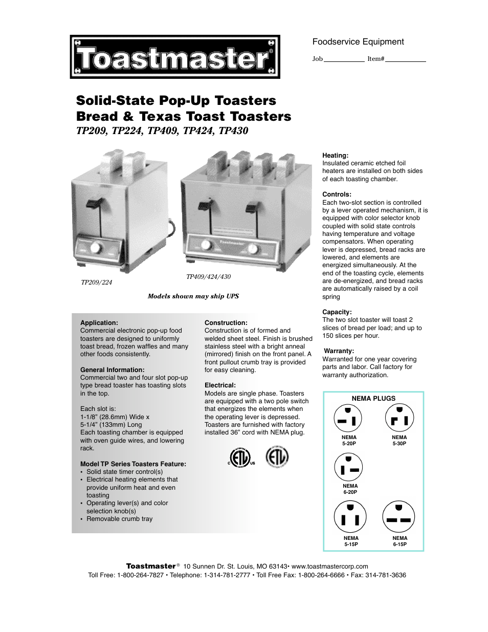 Toastmaster TP430 User Manual | 2 pages