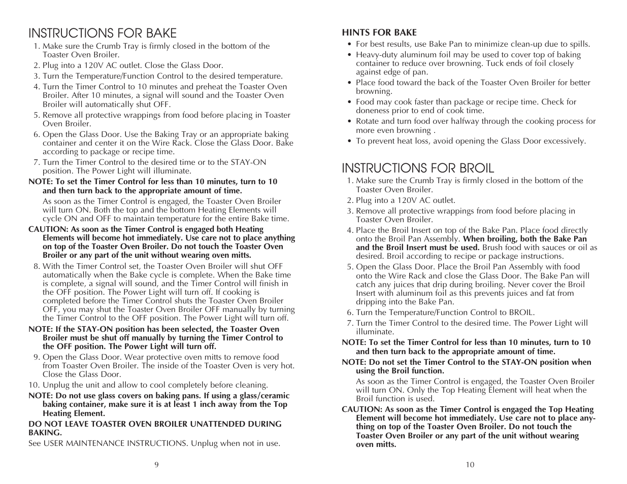 Instructions for broil, Instructions for bake | Toastmaster FTO320SS User Manual | Page 10 / 16