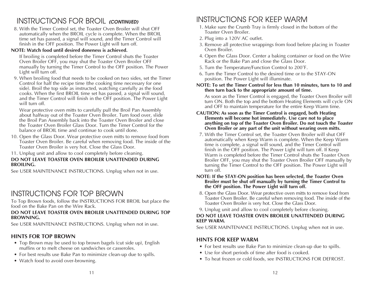 Instructions for keep warm, Instructions for top brown, Instructions for broil | Toastmaster FTO320SS User Manual | Page 12 / 16