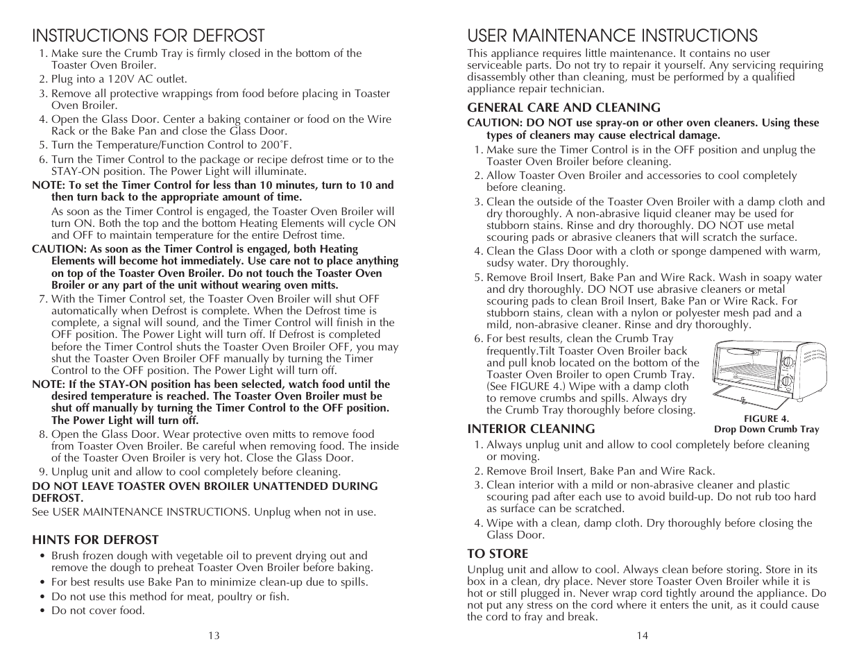 User maintenance instructions, Instructions for defrost | Toastmaster FTO320SS User Manual | Page 14 / 16