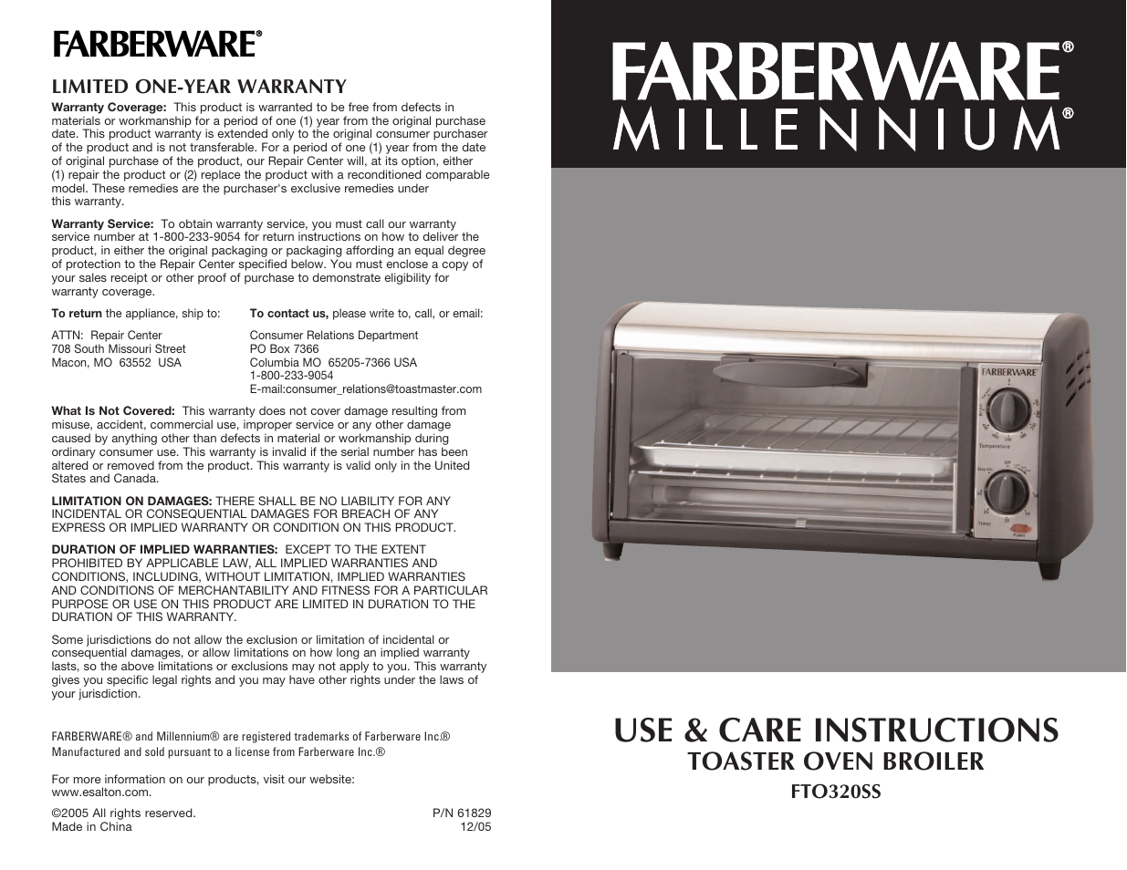 Use & care instructions, Toaster oven broiler, Fto320ss limited one-year warranty | Toastmaster FTO320SS User Manual | Page 16 / 16