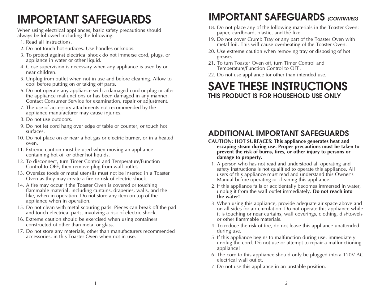 Save these instructions, Important safeguards, Additional important safeguards | Toastmaster FTO320SS User Manual | Page 2 / 16