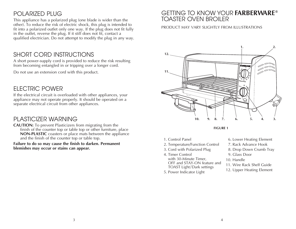 Farberware, Getting to know your, Toaster oven broiler | Polarized plug, Short cord instructions, Electric power, Plasticizer warning | Toastmaster FTO320SS User Manual | Page 4 / 16