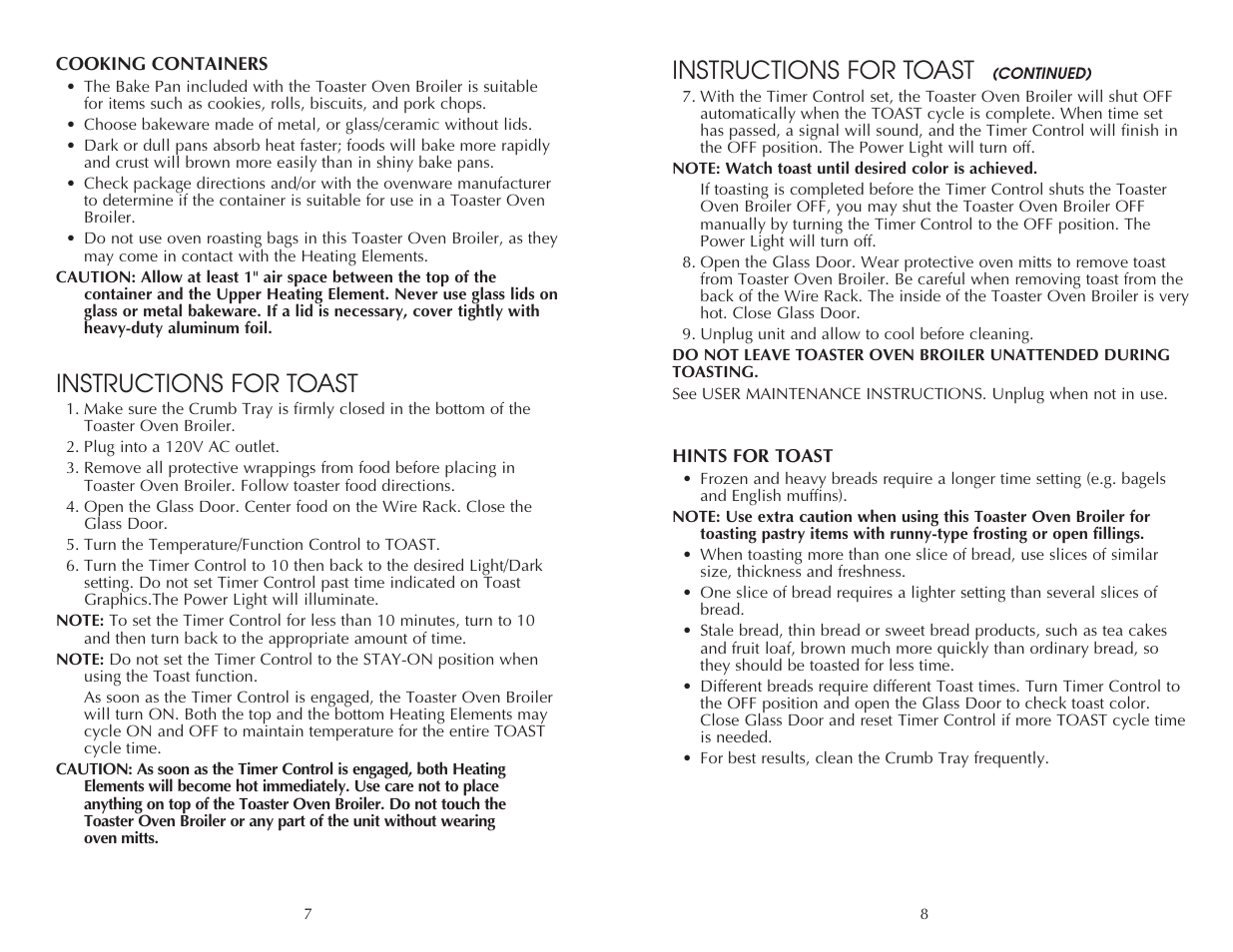 Instructions for toast | Toastmaster FTO320SS User Manual | Page 8 / 16