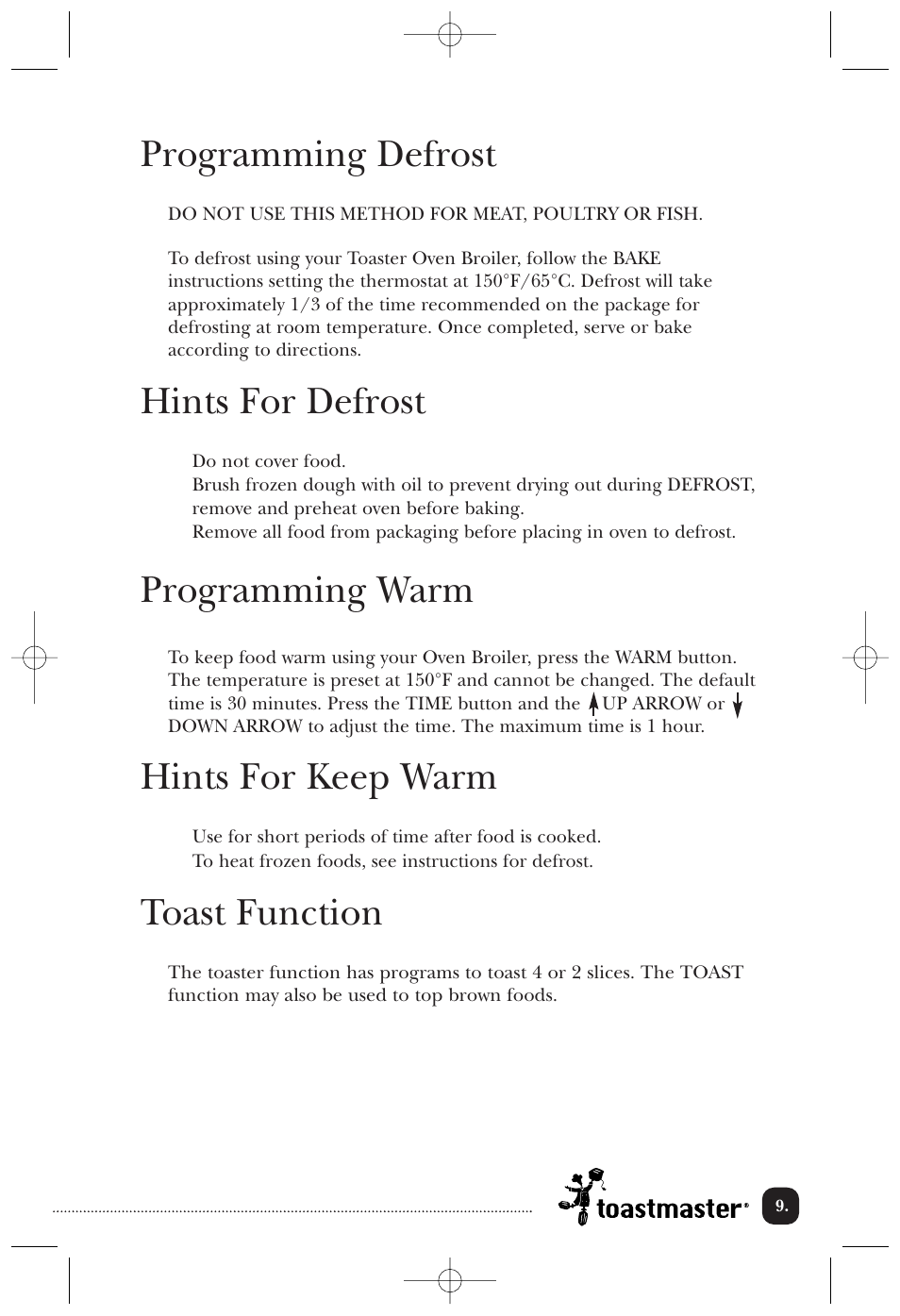 Programming defrost, Hints for defrost, Programming warm | Hints for keep warm, Toast function | Toastmaster 389U User Manual | Page 10 / 28