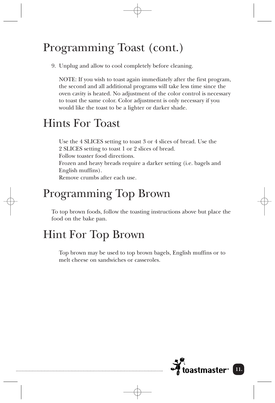 Programming toast (cont.), Hints for toast, Programming top brown | Hint for top brown | Toastmaster 389U User Manual | Page 12 / 28