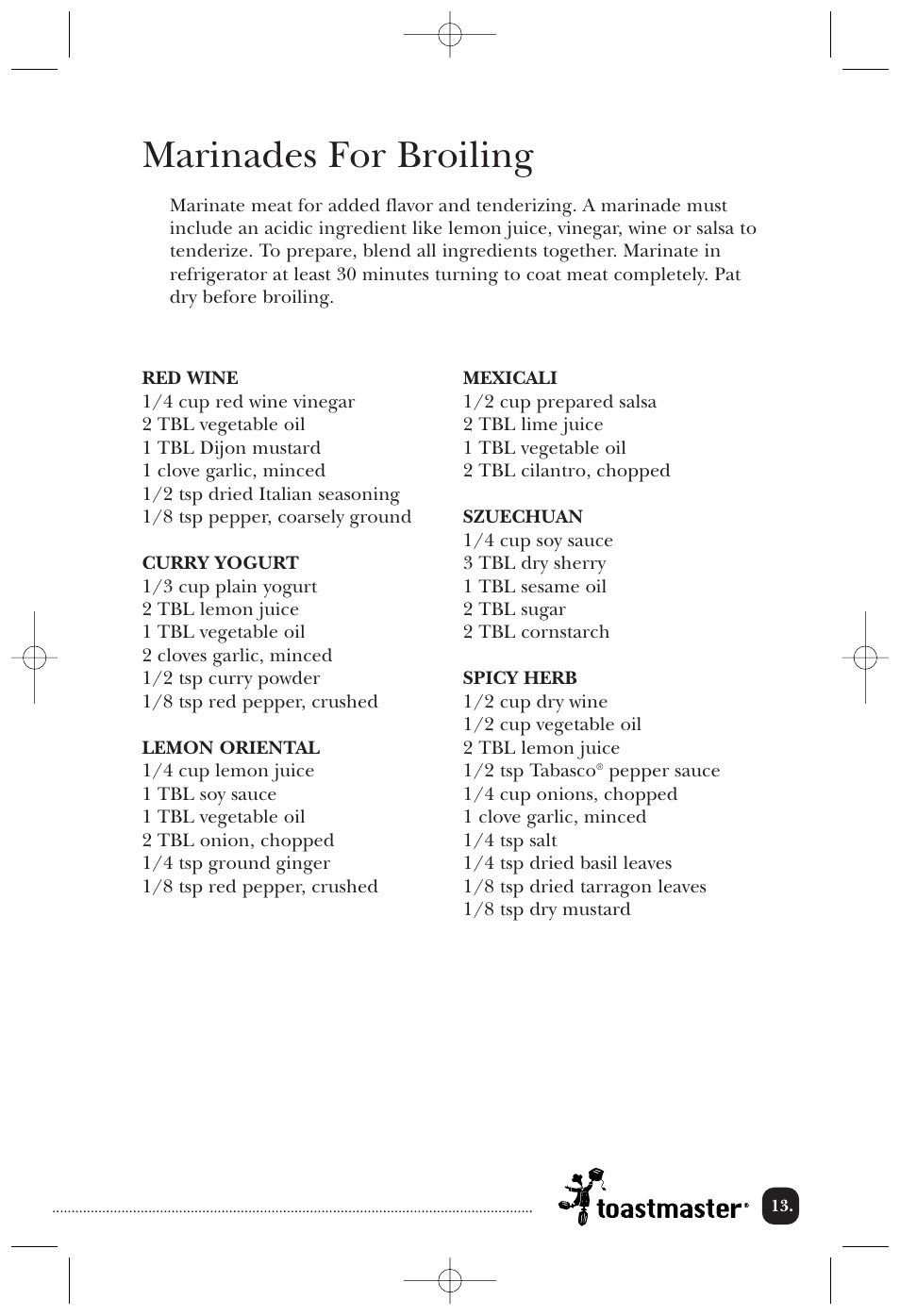 Marinades for broiling | Toastmaster 389U User Manual | Page 14 / 28