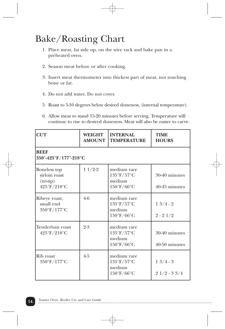 Bake/roasting chart | Toastmaster 389U User Manual | Page 15 / 28