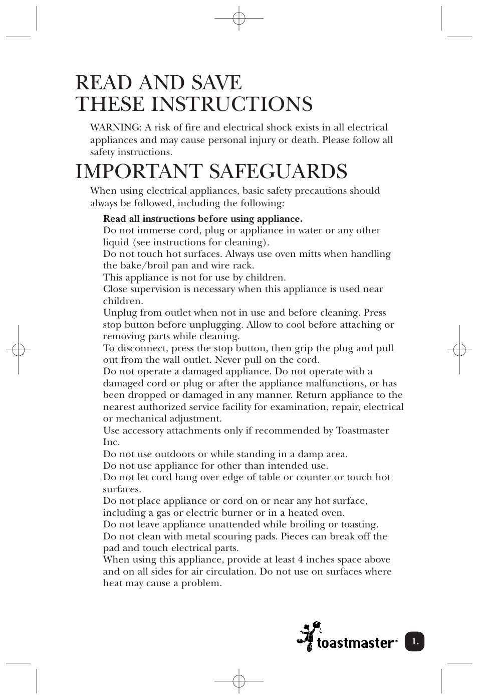 Read and save these instructions, Important safeguards | Toastmaster 389U User Manual | Page 2 / 28