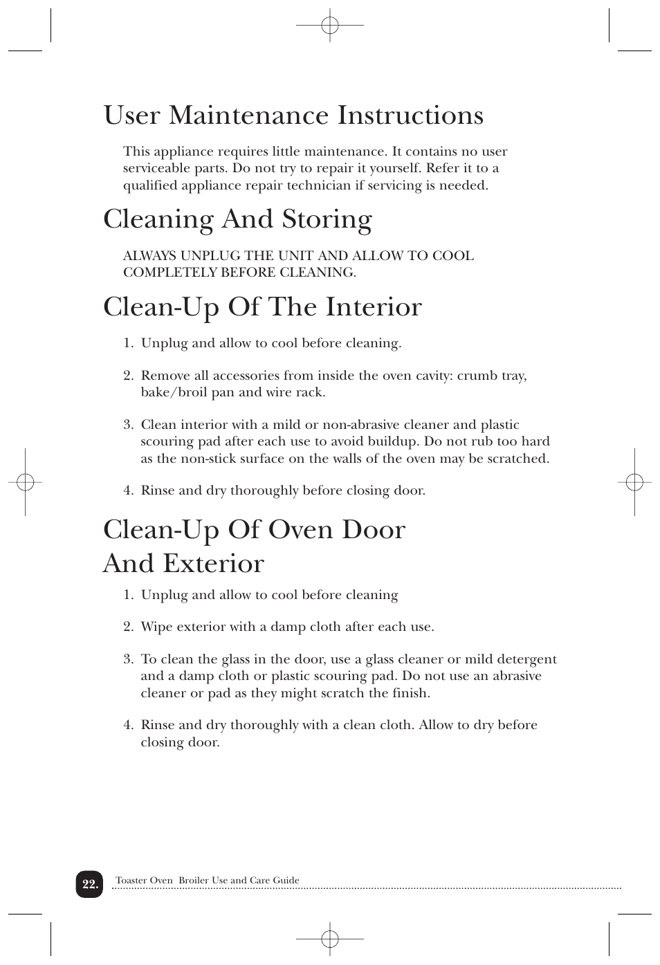 User maintenance instructions, Cleaning and storing, Clean-up of the interior | Clean-up of oven door and exterior | Toastmaster 389U User Manual | Page 23 / 28