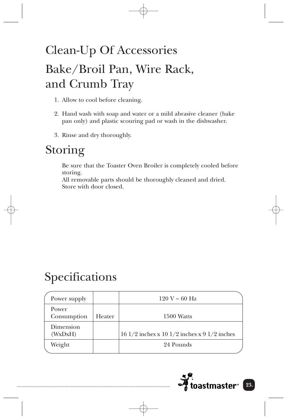 Storing, Specifications | Toastmaster 389U User Manual | Page 24 / 28