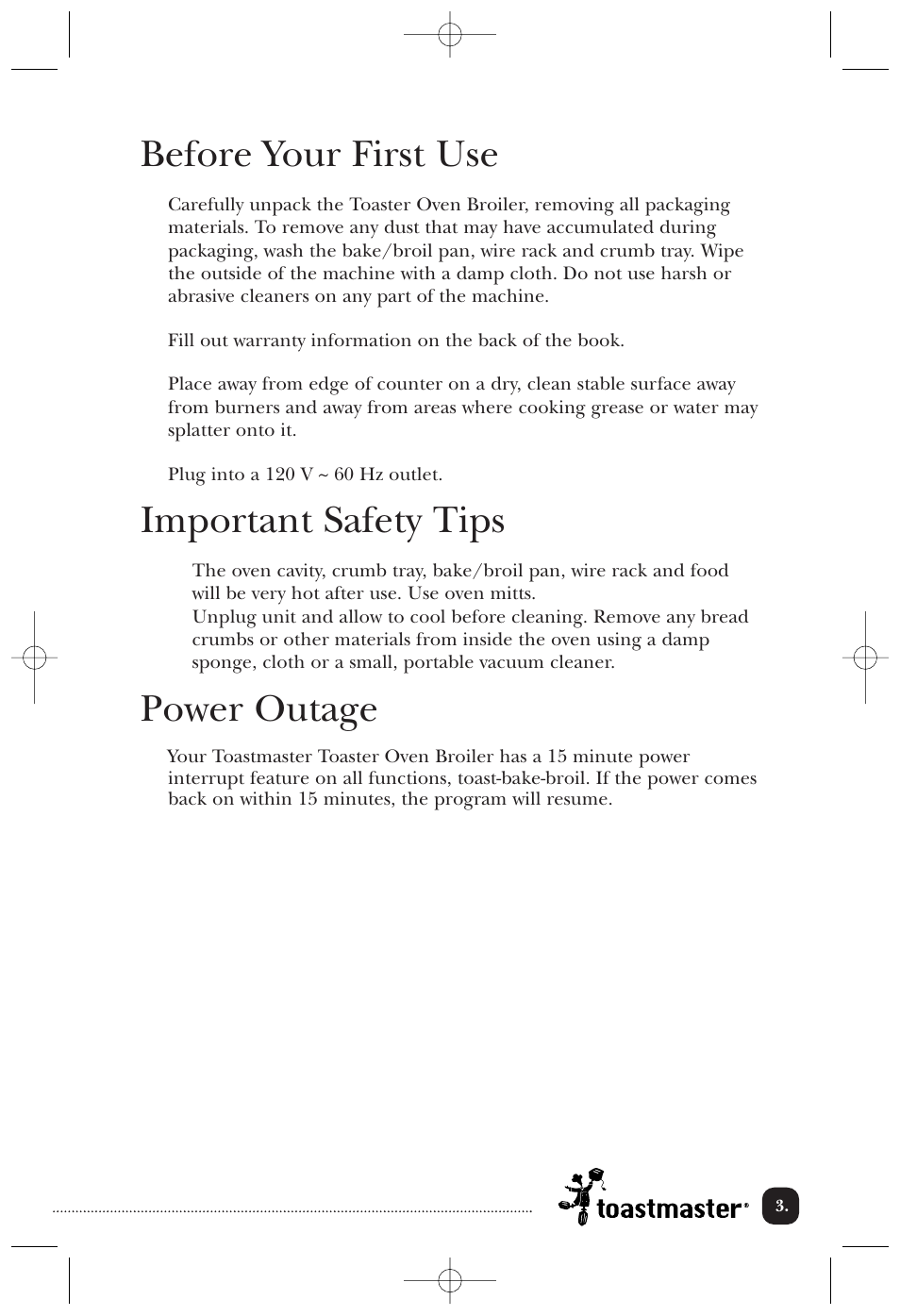 Before your first use, Important safety tips, Power outage | Toastmaster 389U User Manual | Page 4 / 28