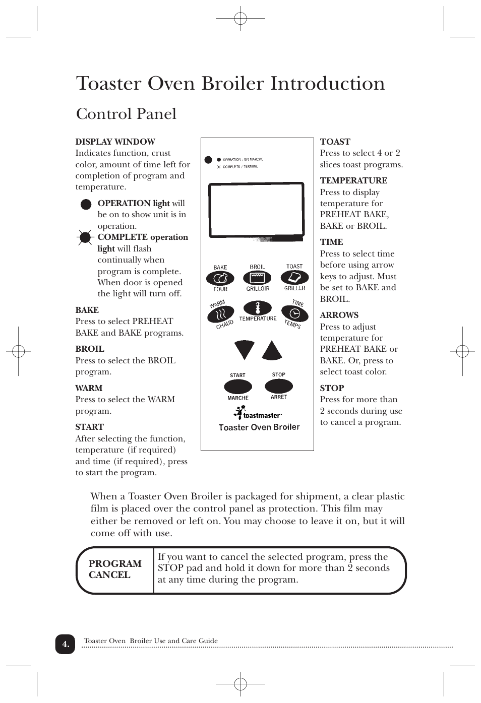 Toaster oven broiler introduction, Control panel | Toastmaster 389U User Manual | Page 5 / 28