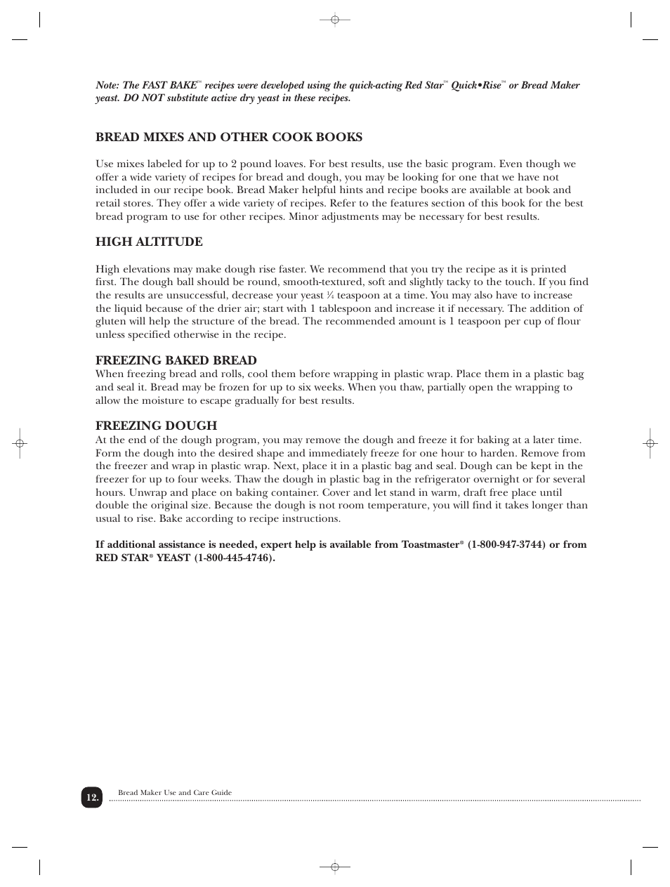 Bread mixes and other cook books, High altitude, Freezing baked bread | Freezing dough | Toastmaster TBR20HCAN User Manual | Page 13 / 64