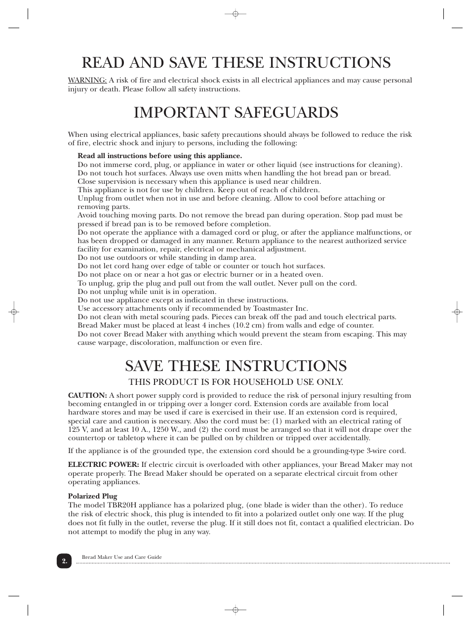 Important safeguards, Save these instructions, Read and save these instructions | Toastmaster TBR20HCAN User Manual | Page 3 / 64