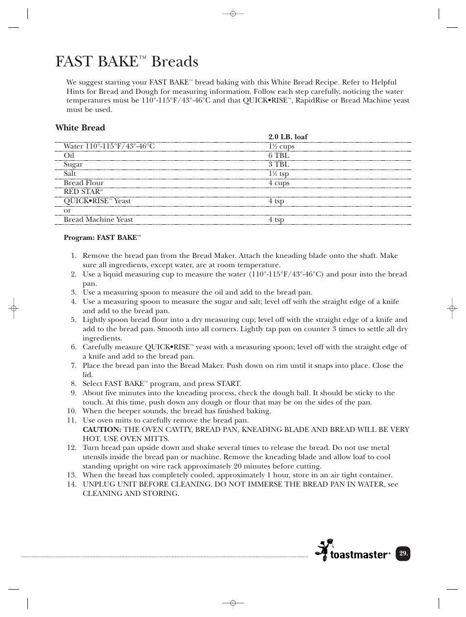 Fast bake, Breads, White bread | Toastmaster TBR20HCAN User Manual | Page 30 / 64