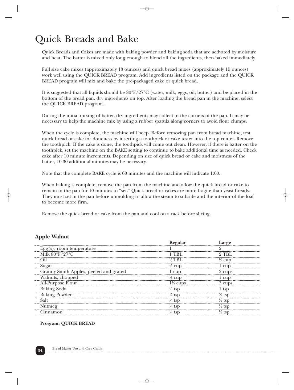 Quick breads and bake, Apple walnut | Toastmaster TBR20HCAN User Manual | Page 35 / 64