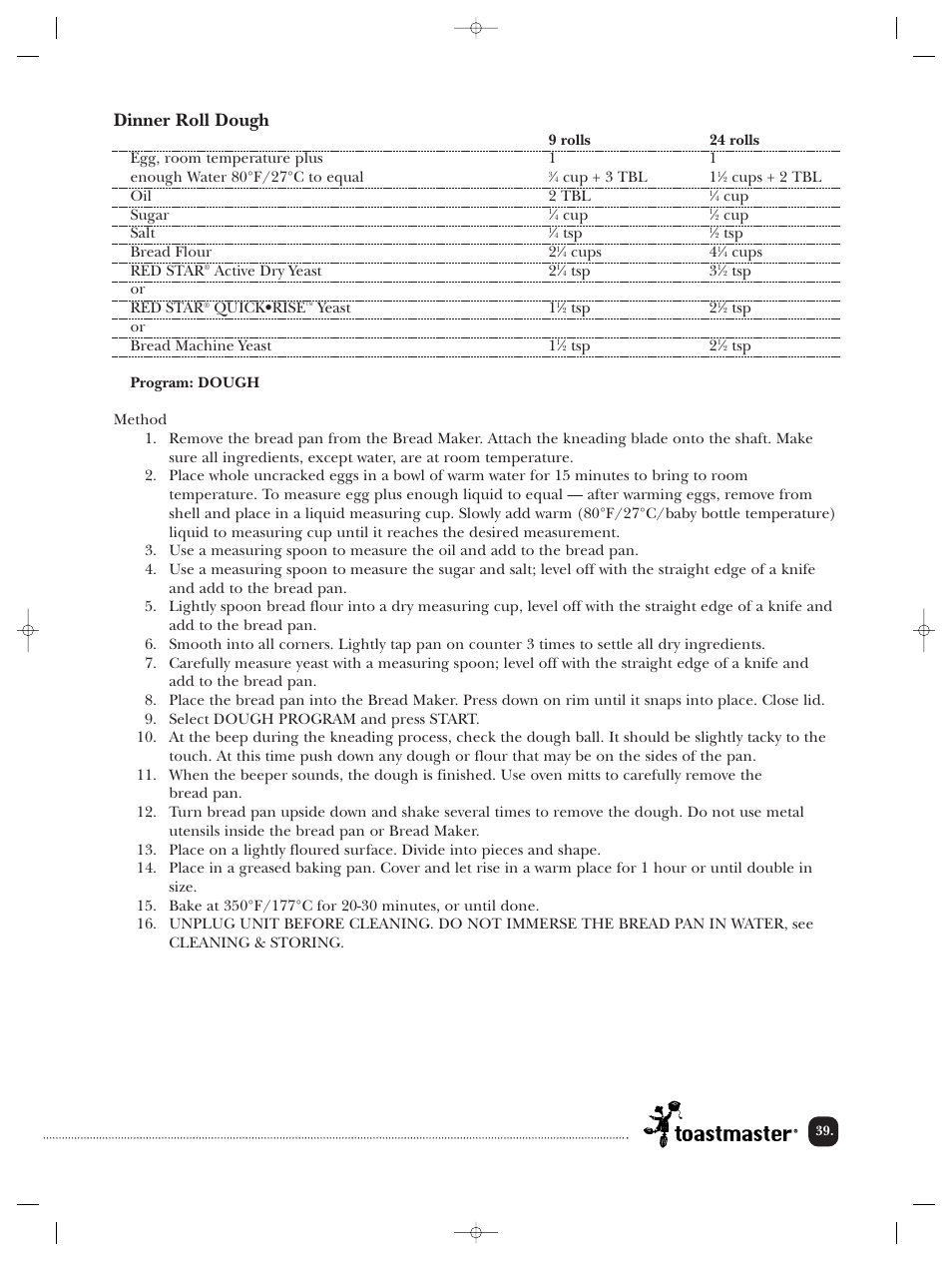 Dinner roll dough | Toastmaster TBR20HCAN User Manual | Page 40 / 64