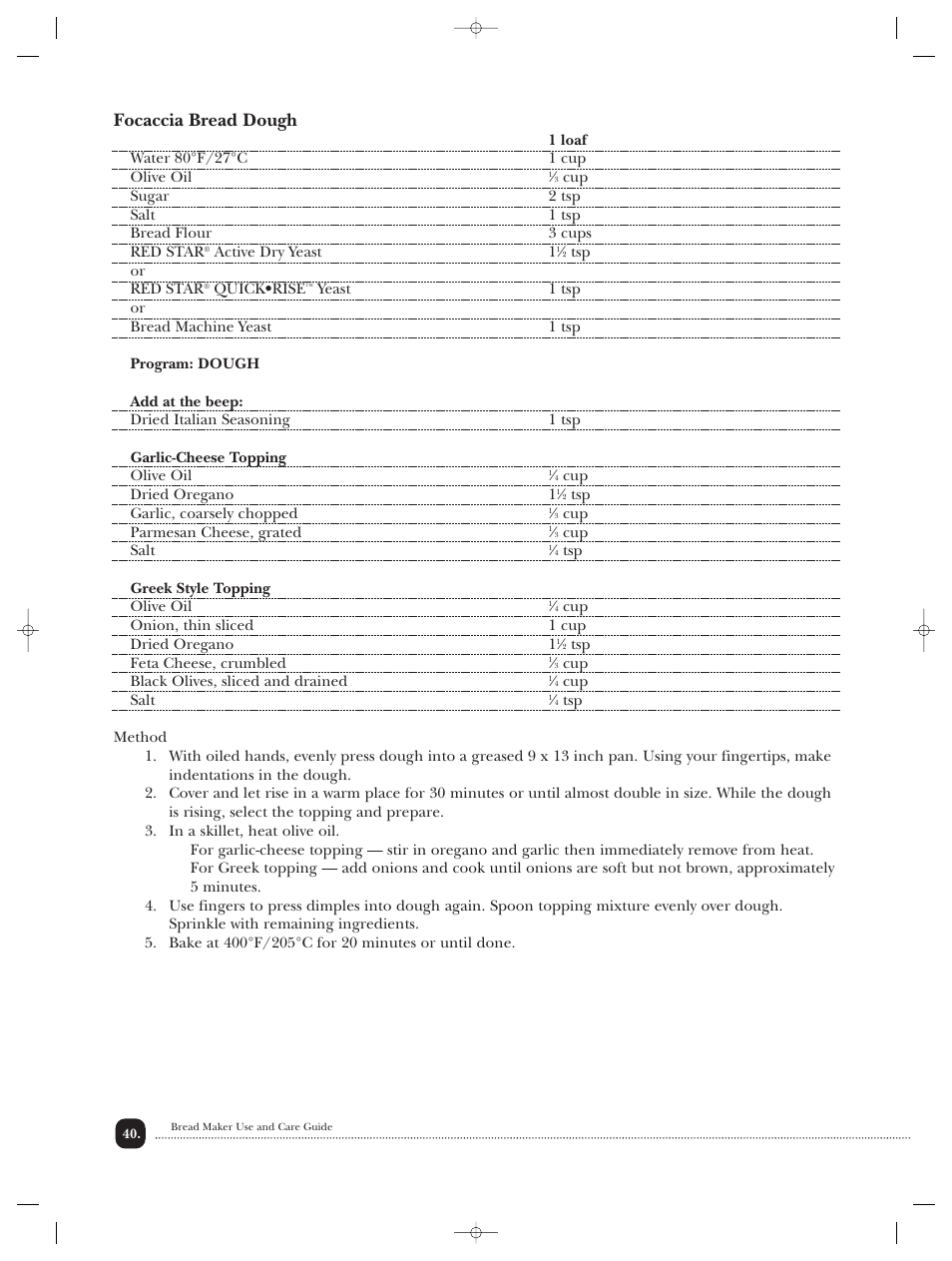 Focaccia bread dough | Toastmaster TBR20HCAN User Manual | Page 41 / 64