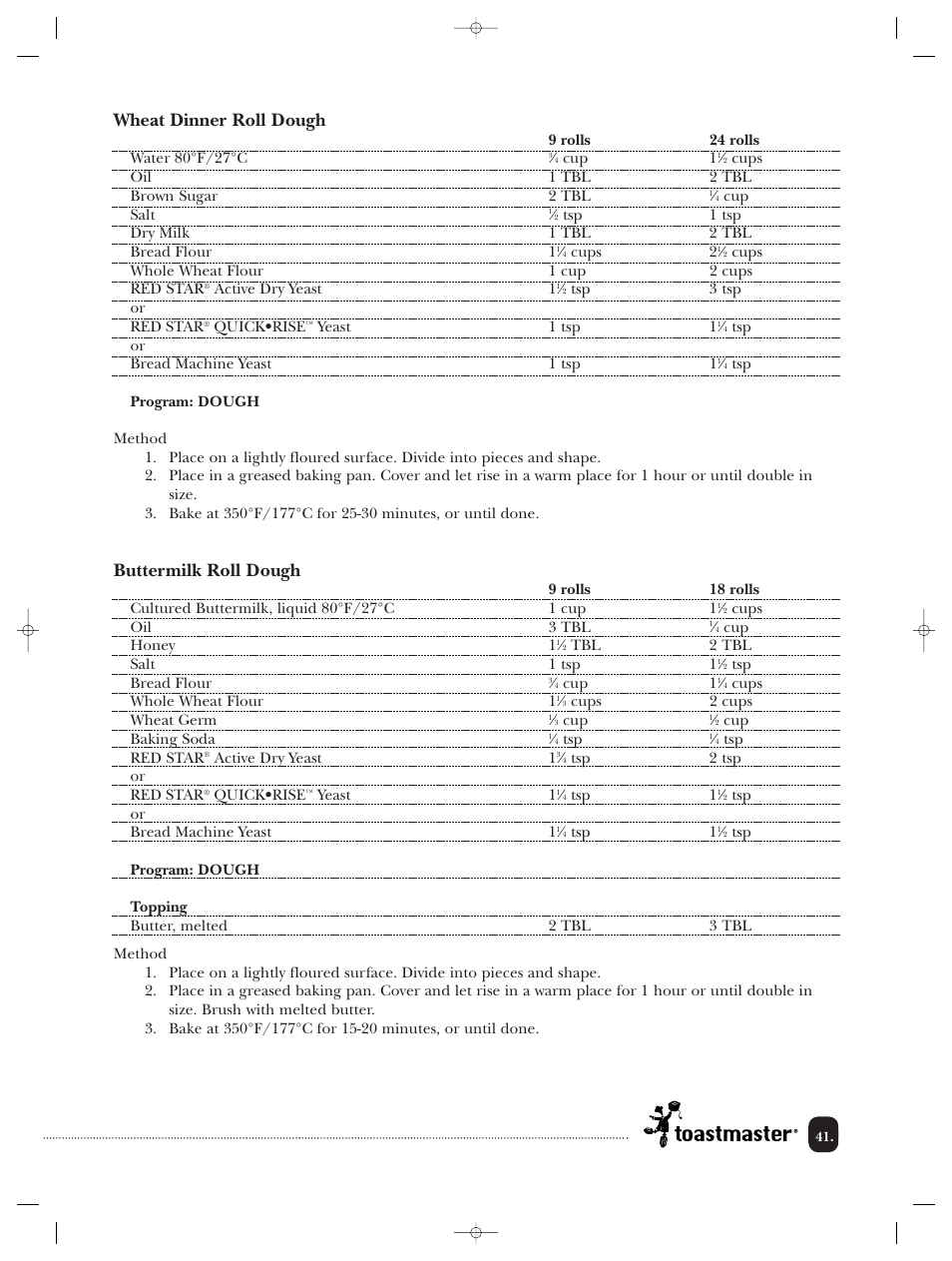 Wheat dinner roll dough, Buttermilk roll dough | Toastmaster TBR20HCAN User Manual | Page 42 / 64