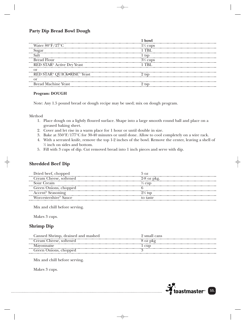 Party dip bread bowl dough, Shredded beef dip, Shrimp dip | Toastmaster TBR20HCAN User Manual | Page 54 / 64