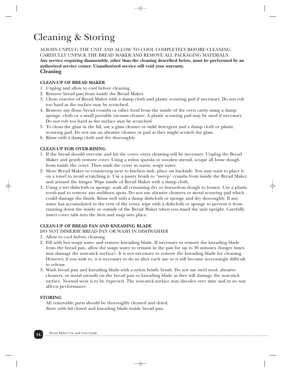 Cleaning & storing | Toastmaster TBR20HCAN User Manual | Page 55 / 64