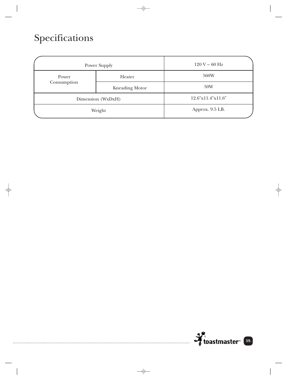 Specifications | Toastmaster TBR20HCAN User Manual | Page 60 / 64