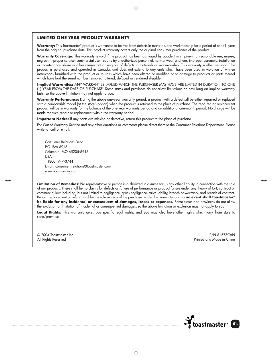 Toastmaster TBR20HCAN User Manual | Page 62 / 64