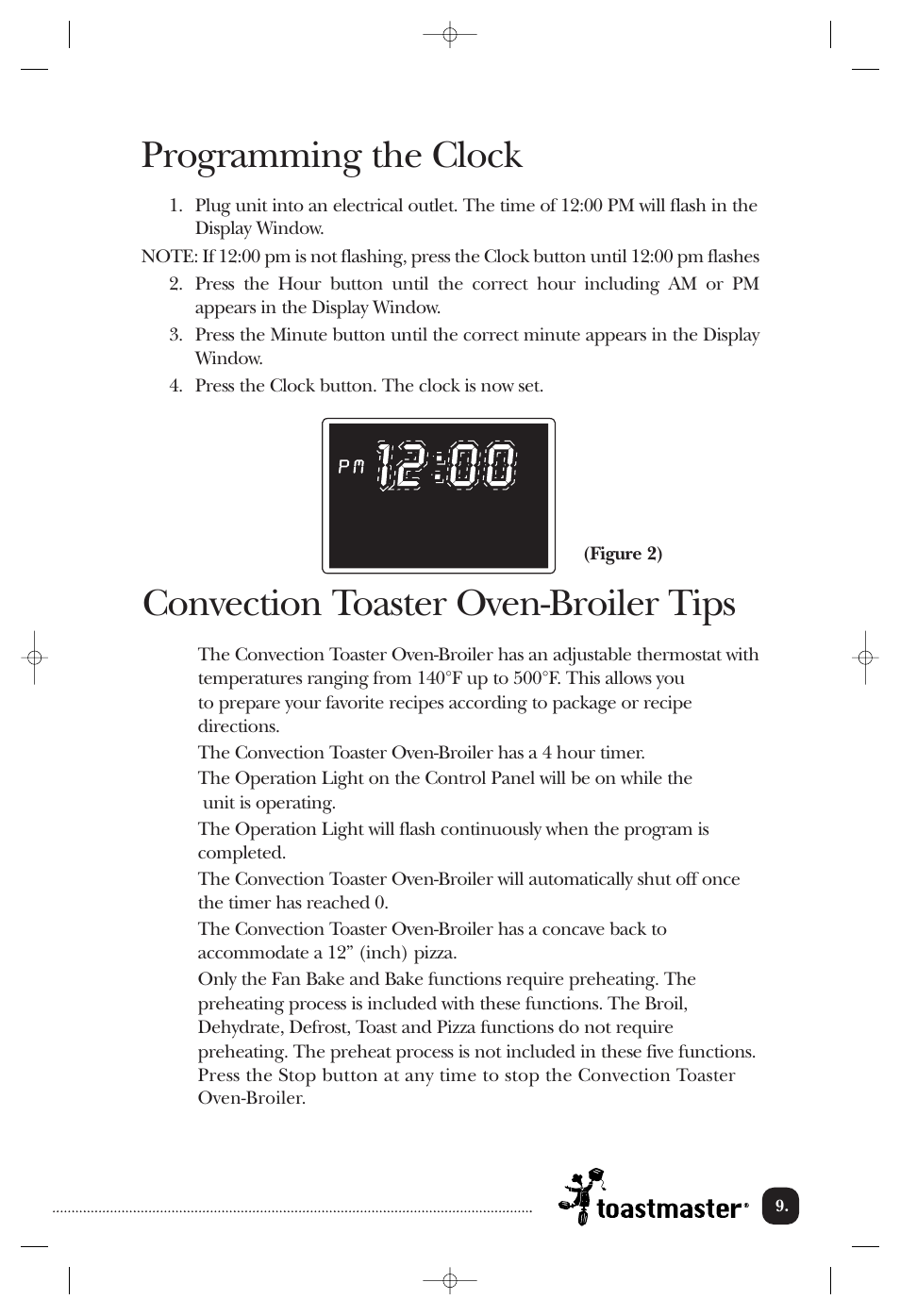 Programming the clock, Convection toaster oven-broiler tips | Toastmaster TOV211CAN User Manual | Page 10 / 33