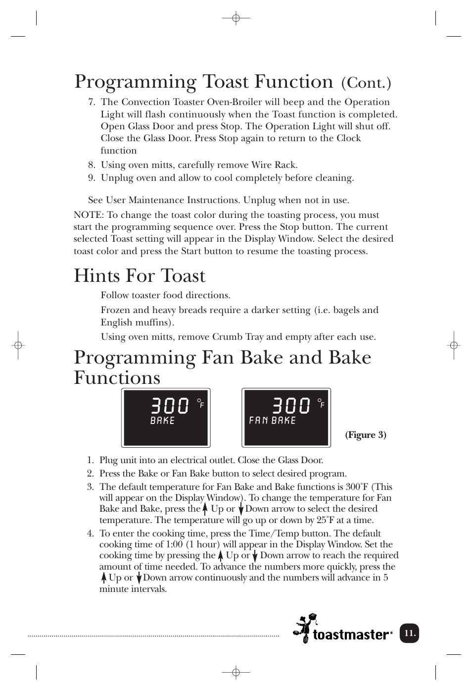 Hints for toast, Programming toast function, Programming fan bake and bake functions | Cont.) | Toastmaster TOV211CAN User Manual | Page 12 / 33