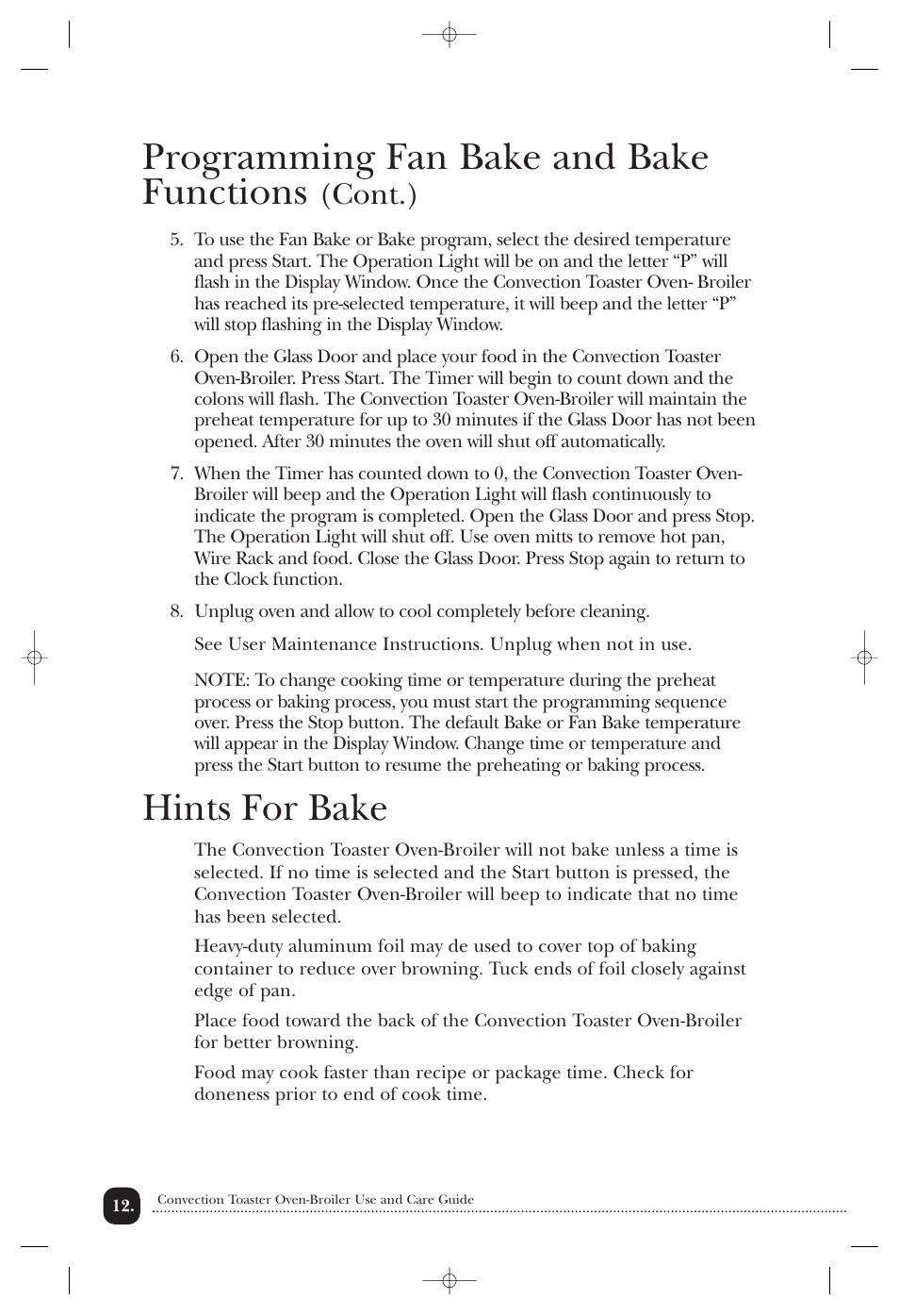 Programming fan bake and bake functions, Hints for bake, Cont.) | Toastmaster TOV211CAN User Manual | Page 13 / 33