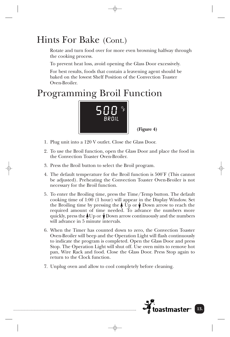 Hints for bake, Programming broil function, Cont.) | Toastmaster TOV211CAN User Manual | Page 14 / 33