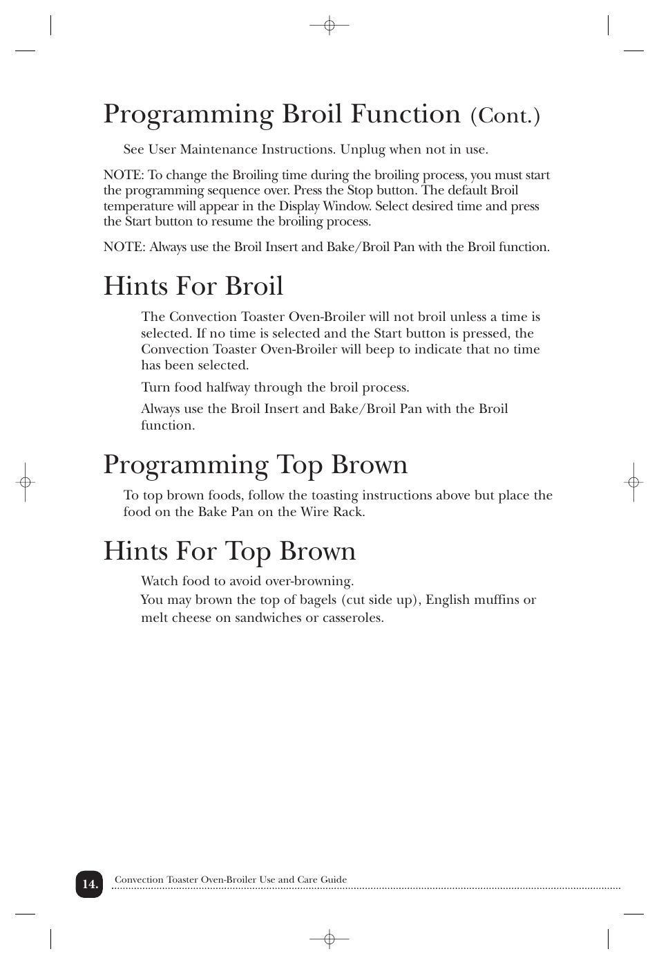 Programming broil function, Hints for broil, Programming top brown | Hints for top brown, Cont.) | Toastmaster TOV211CAN User Manual | Page 15 / 33