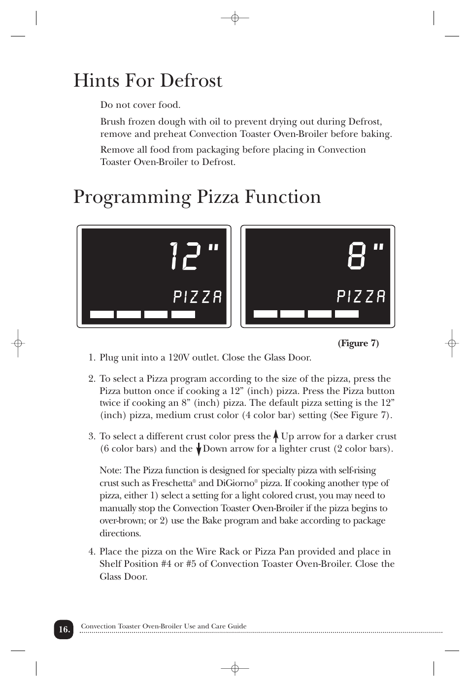 Hints for defrost, Programming pizza function | Toastmaster TOV211CAN User Manual | Page 17 / 33