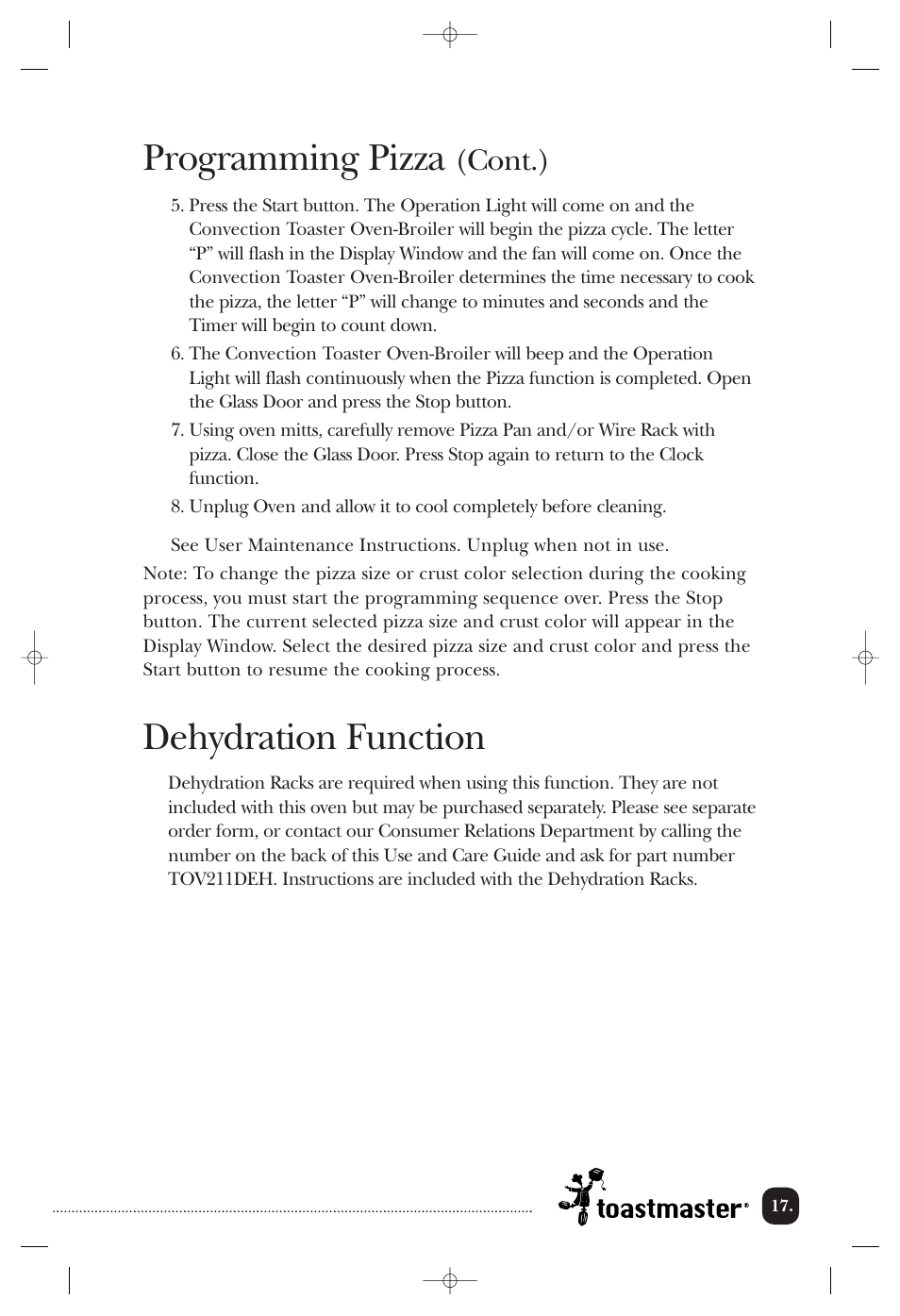 Dehydration function programming pizza, Cont.) | Toastmaster TOV211CAN User Manual | Page 18 / 33