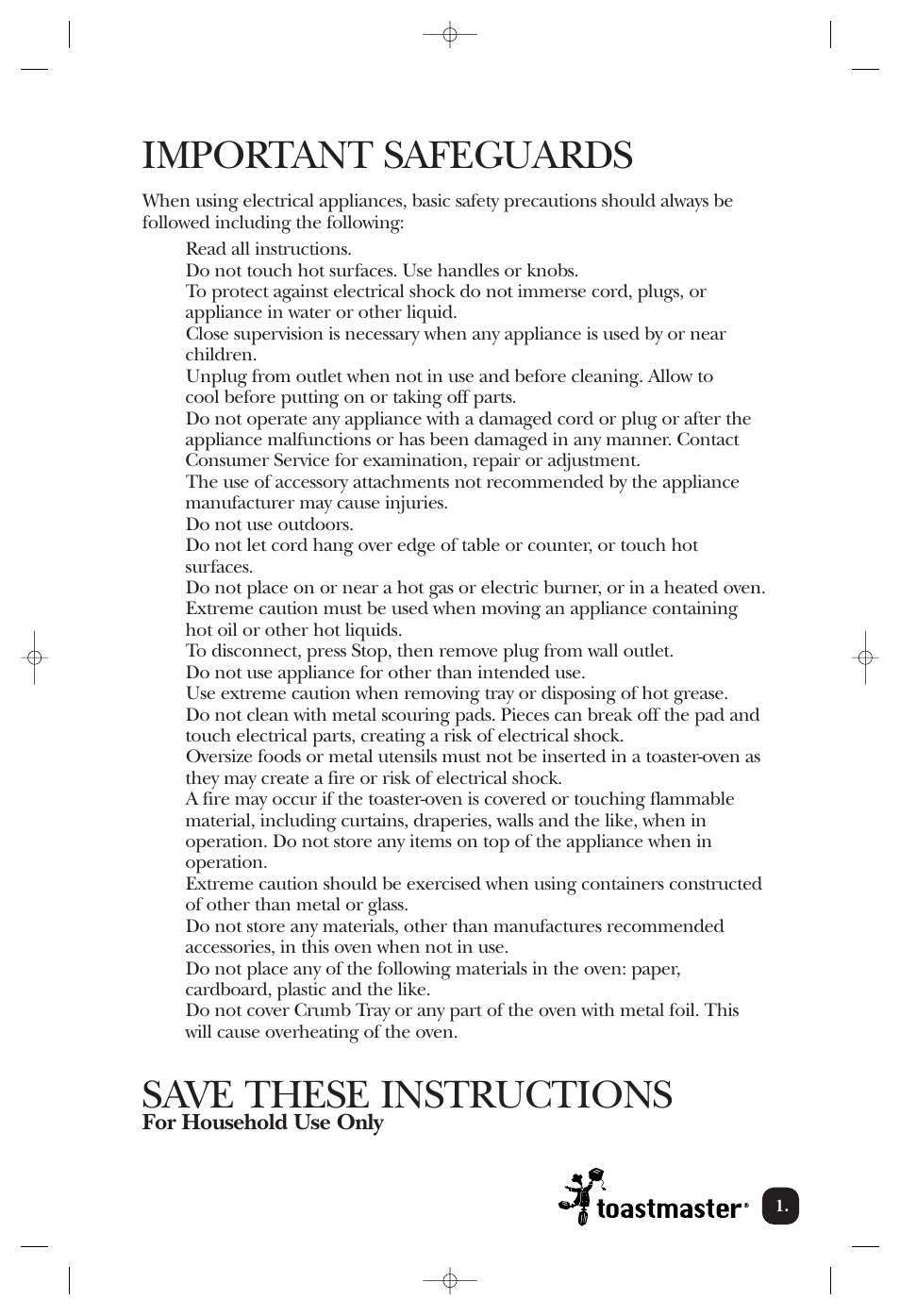 Important safeguards, Save these instructions | Toastmaster TOV211CAN User Manual | Page 2 / 33